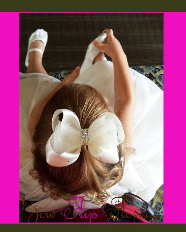Flower Girl Hair Bow Hairbow Satin Tulle Rhinestone Ivory White Wedding