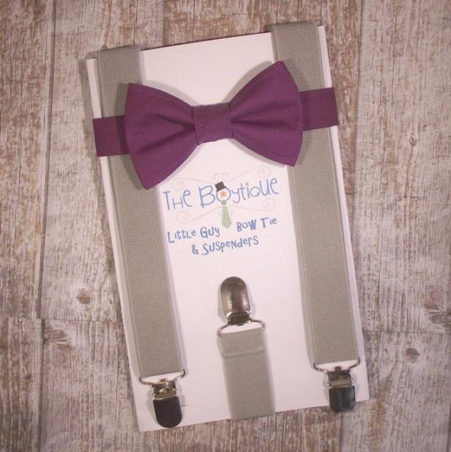 Purple Bow Tie And Grey Suspenders, Toddler Suspenders, Baby Suspenders