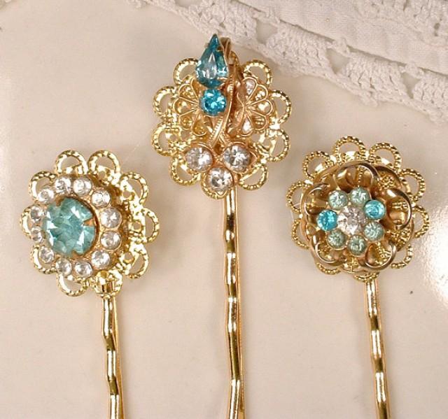 OOAK Vintage Turquoise Blue Rhinestone Gold Bridal Hair Pins, Keepsake