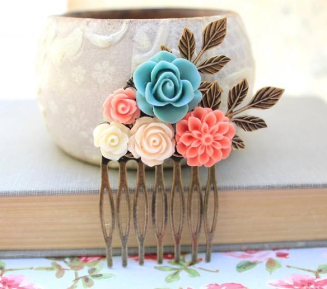 Flower Hair Comb Coral Chrysanthemum Bridal Comb Flowers For Hair