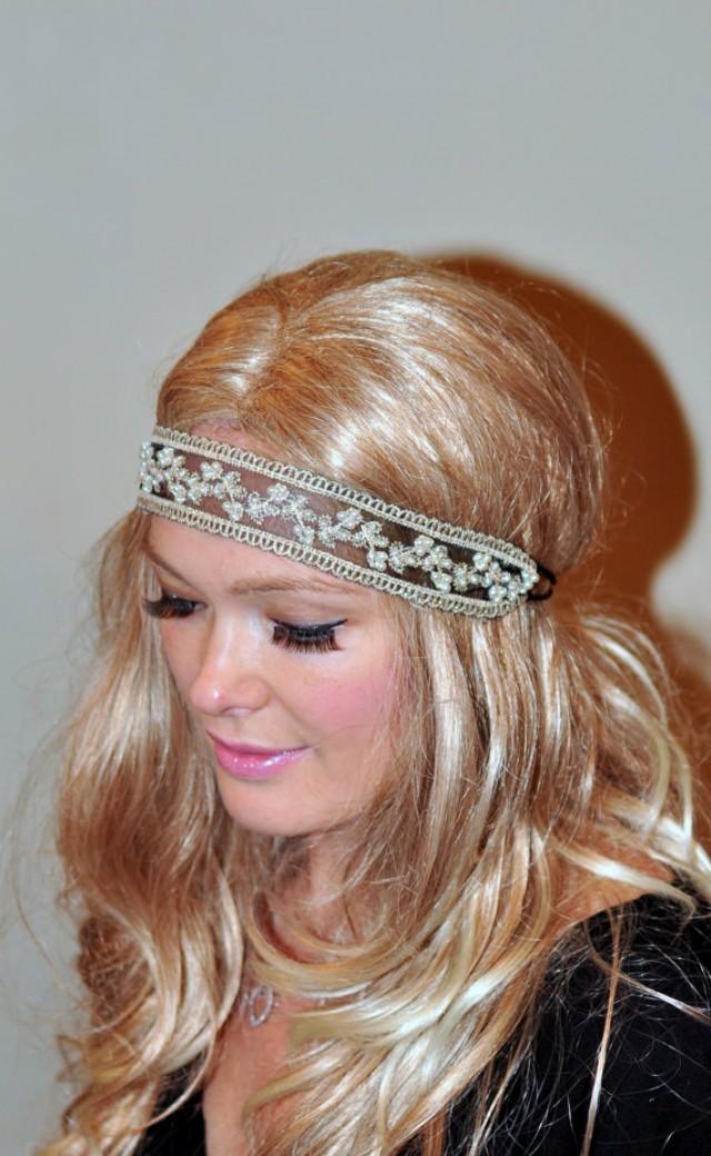 Pearl Lace Headband Gold Pearl Black Women Headband Headwrap Stretch Headcovering Vintage