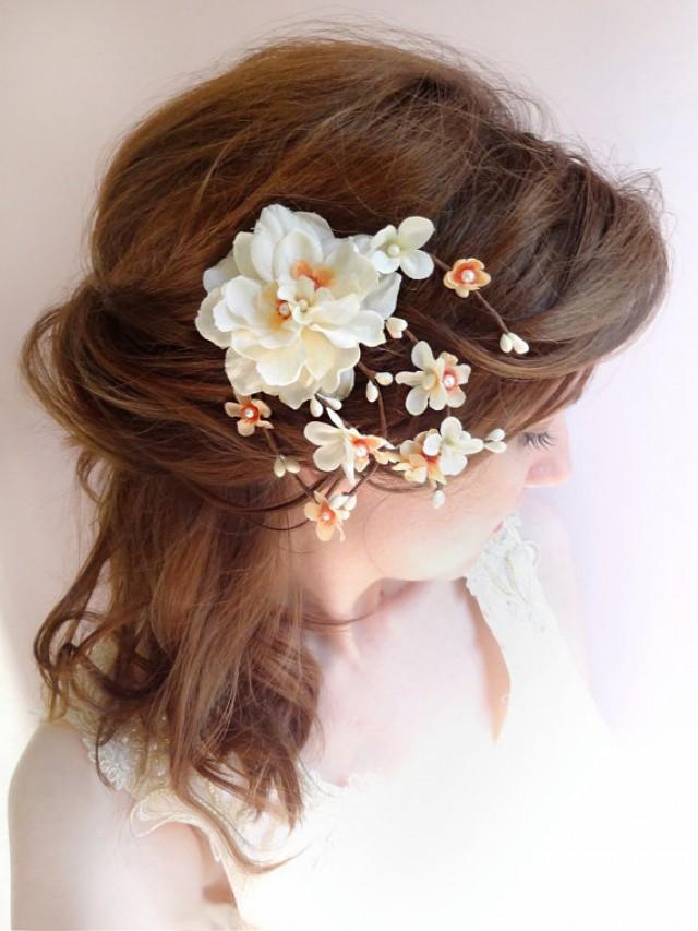 Peach Wedding Hair Clip, Bridal Flower Headpiece, Ivory Bridal, Peach