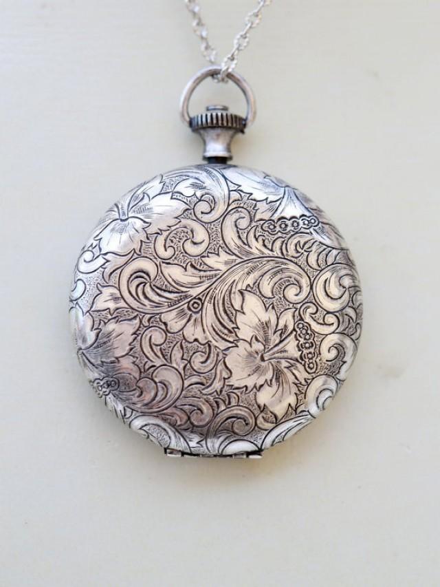 Floral Locket Necklace,Flower Pocket Watch Silver Locket,Vintage Silver Locket,Photo Locket