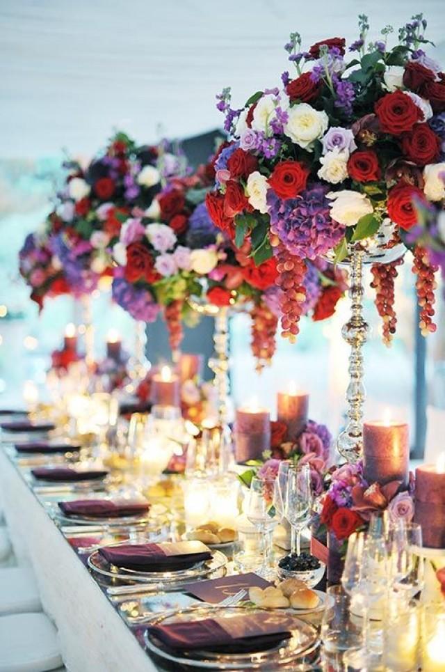 Opulent Centerpieces Of Red, White And Purple Roses, Purple Hydrangeas