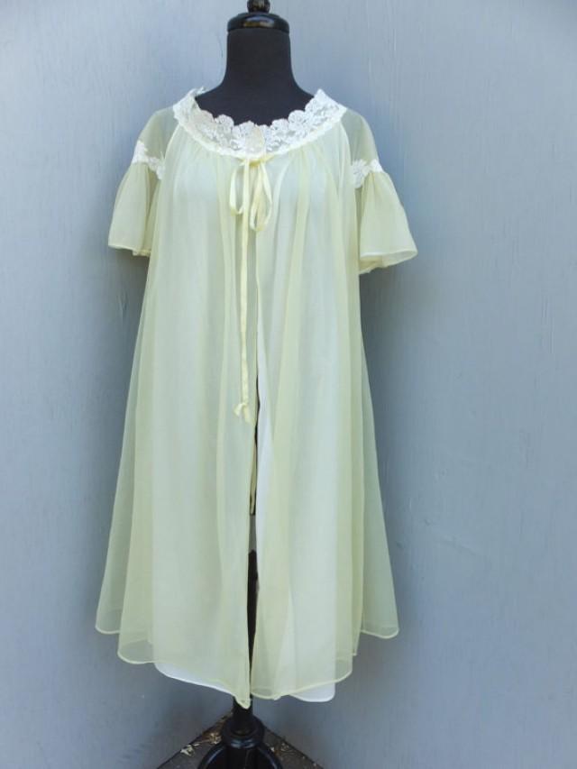 Vintage Artemis Robe / Sheer Yellow Chiffon And Nylon Robe W/sheer Sleeves, White Lace
