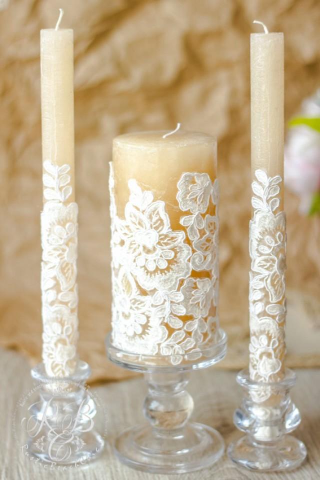 Caramel Lace Wedding Unity Candles Rustic Chic Wedding Vintage Chic