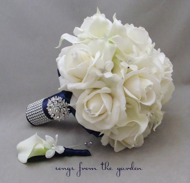 Reserved Navy White Wedding Flower Package Bridal Bouquet Stephanotis