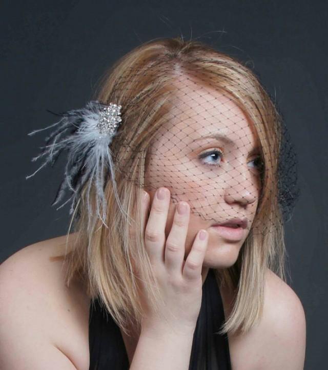 Starstruck Fascinator & Birdcage Set, Black And Silver Ostrich Feather