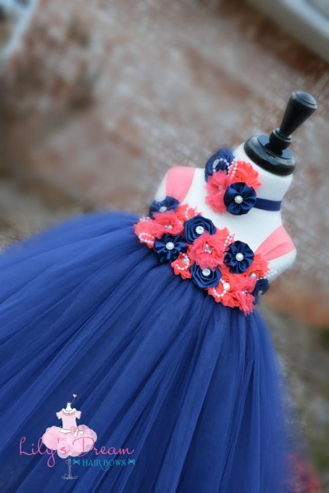 navy blue and coral flower girl dresses
