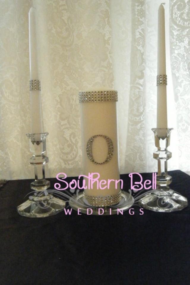 Unity Candle Set Silver Bling Monogram White Wedding Unity Candle Set