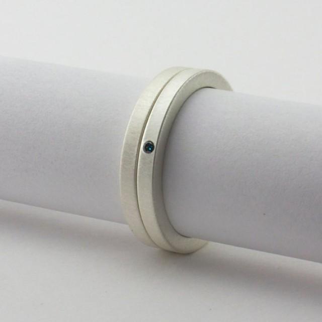 Flush Set Tiny Blue Diamond Sterling Silver Ring Set Simple Wedding