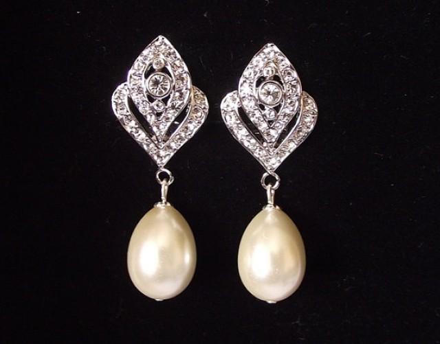 Bridal Earrings, Pearl Wedding Earrings, Vintage Style Bridal Jewelry, Pearl Clip On Earrings