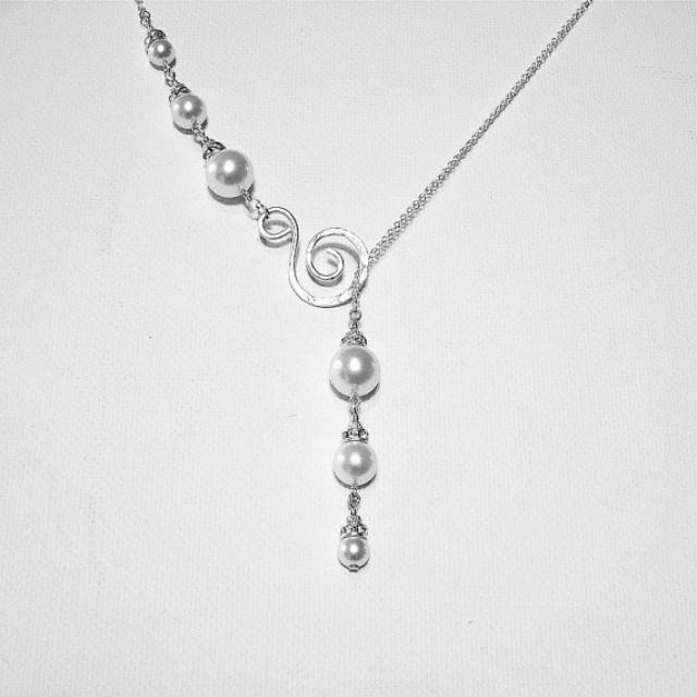 Drop Pearl Necklace, Lariat Necklace, Pearl And Crystal Necklace, Sterling Silver Wedding