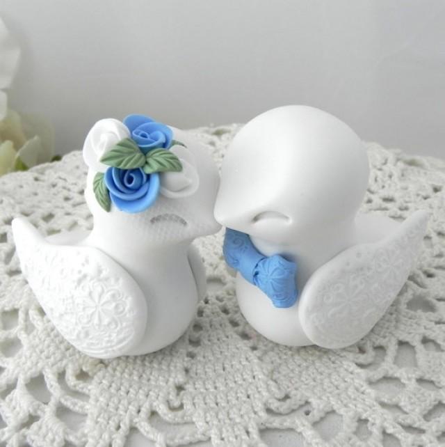 Love Birds Wedding Cake Topper, White And Cornflower Blue Bride And