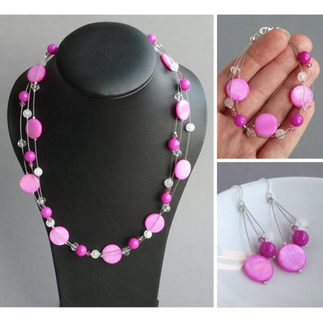 Bright Pink Jewellery Set Fuchsia Floating Pearl Necklace, Bracelet