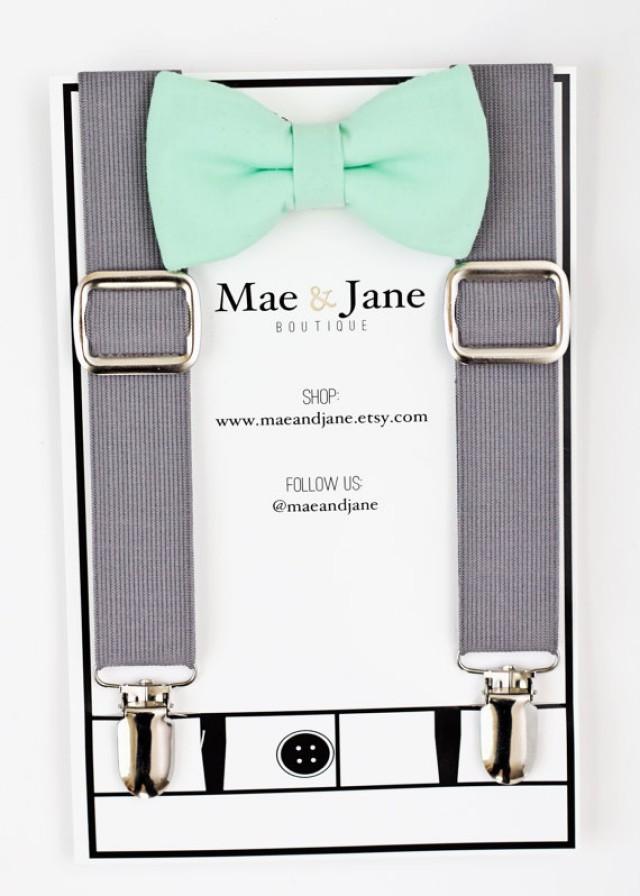 Boys Bow Tie And Suspenders SET! Mint Boys Bow Tie And Gray Suspender