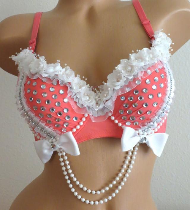 Pre Made Peach Pink Rave Bra White Flowers Size 34c Edc Bra