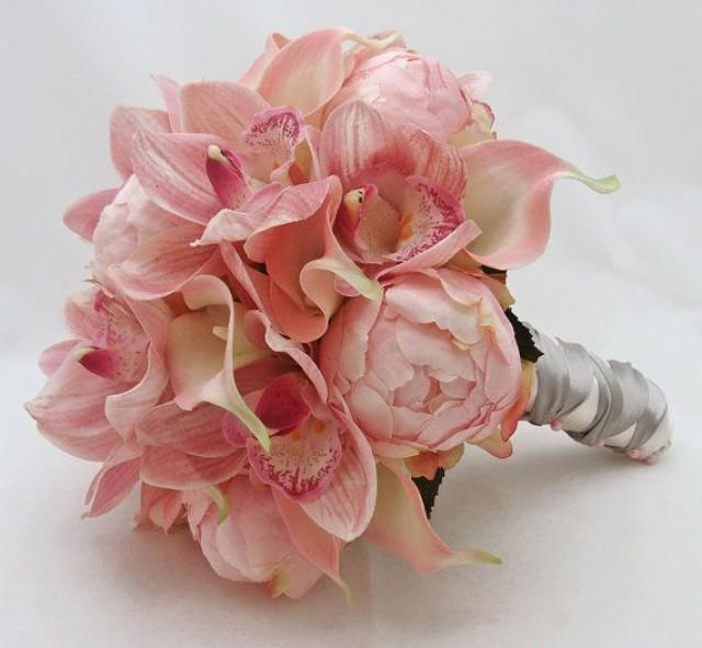 Bridal Bouquet Peonies Calla Lilies Cymbidium Orchid Pink Grooms Boutonniere Wedding Bouquet 