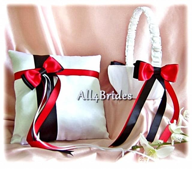 Weddings Red And Black Flower Girl Basket And Ring Bearer Pillow, Ring
