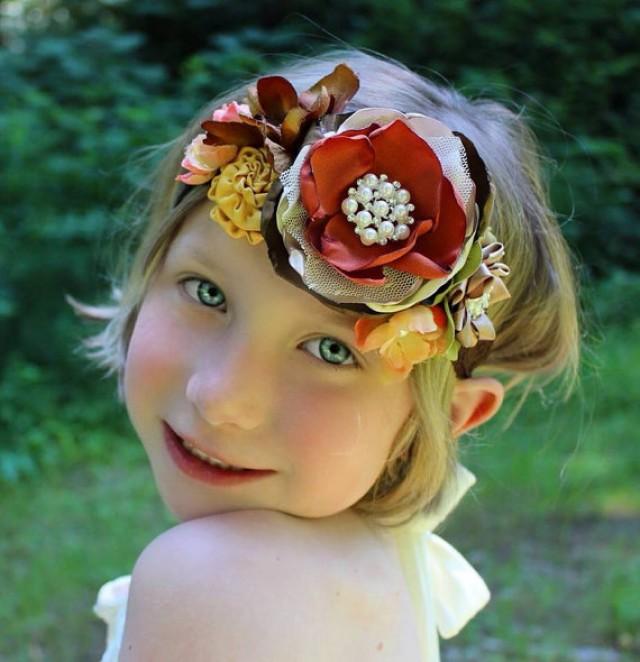 Pumpkin Brown Mustard And Ivory Headband, Orange Flower Headband, Fall