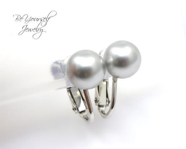8mm Light Grey Pearl CLIP ON Earrings Silver Screw Back Earrings