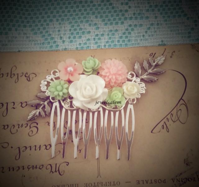 Pink Mint Green Hair Comb Silver Wedding Hair Accessories Floral