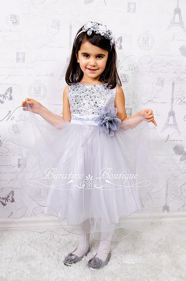 Flower Girl Dress Silver/Grey Sequin Mesh Flower Girl Toddler Wedding ...