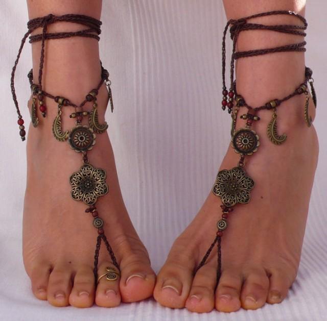 Brass Flower Ethnic Barefoot Sandals Brown Foot Jewelry Hippie Sandals Toe Ring Anklet Crochet