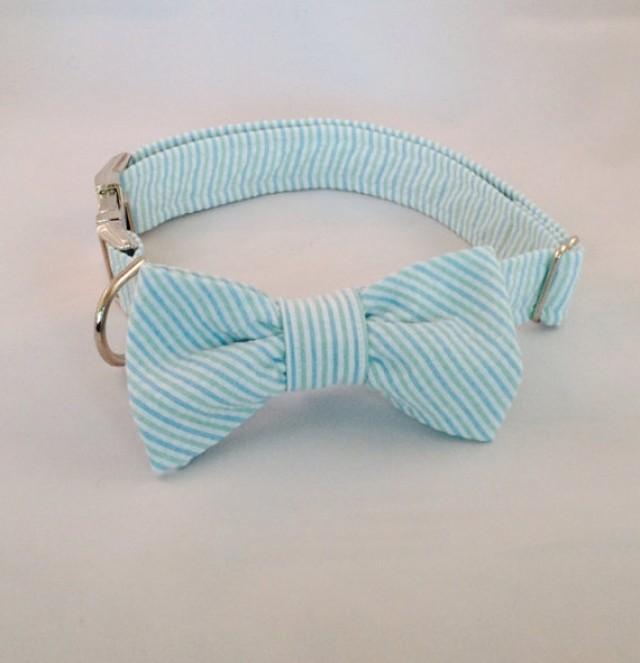 Preppy Mint Green Seersucker Bow Tie Dog Collar, Preppy Dog Bowtie