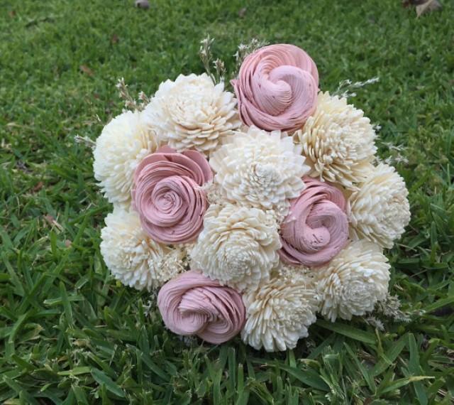 Handmade Natural Balsa Wood Flower Wedding Bouquet Ivory And Blush Pink Sola Flower Small 7704