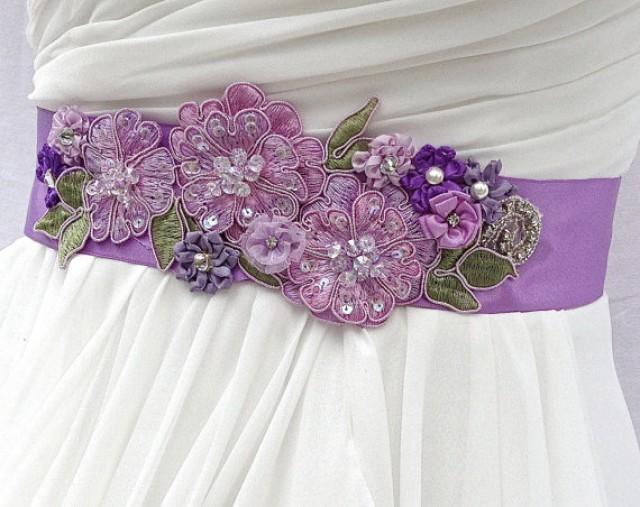 Bridal SashWedding Sash In Lilac, Orchid And Moss With Beaded