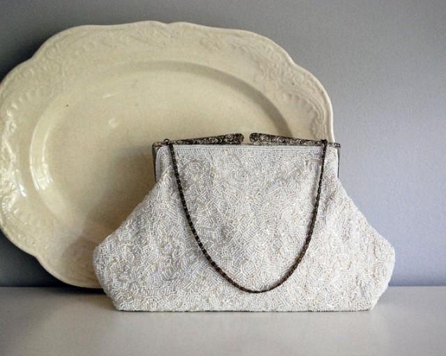 1940s White Beaded Purse Formal Clutch Wedding Purse Evening Bag Ming