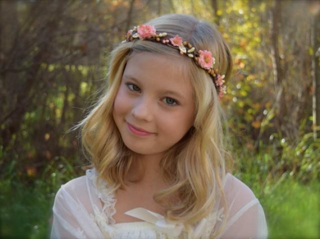 Coral Gold Flower Girl Wreath Pretty Coral Peach Pom Pom Roses