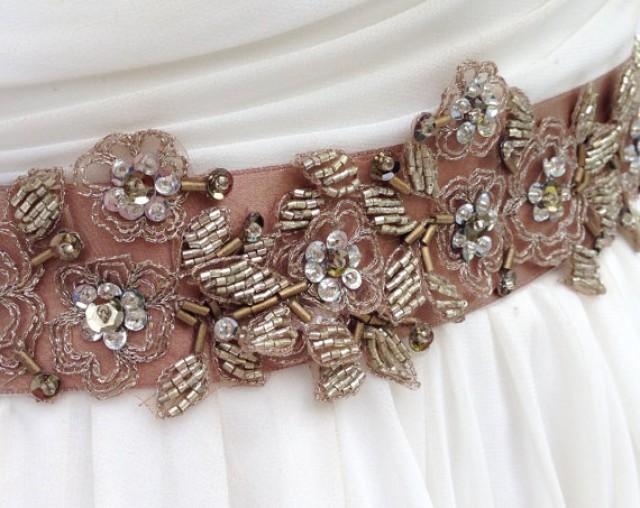 Beaded Lace Bridal Sash In Bronze And Gold, Wedding Dress Sash, Bridal