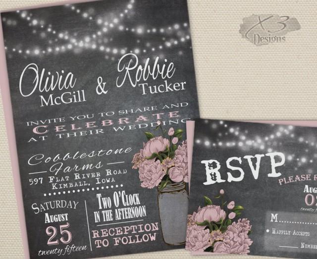 Rustic Wedding Invitation Red Peony /& String Lights Winter Chalkboard Country Wedding Invite Fall Mason Jar Wedding Invitation Printable