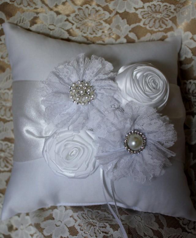 Ring Bearer Pillow Cream Or White With Lace Flowers, Satin Flowers With