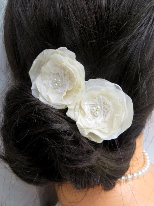 Ivory, Cream Wedding Bridal Flower Hair Clips (set Of 2), Bridal Hair