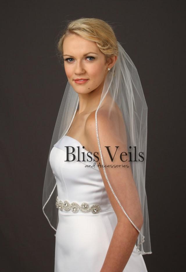 Rhinestone Edge Wedding Veil, Waist Length Bridal Veil, One Layer Veil