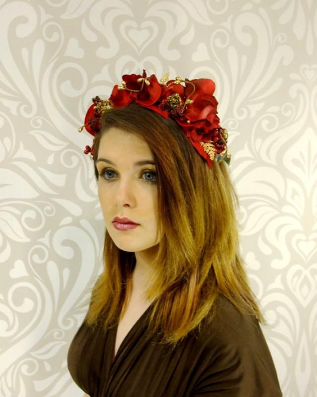 Red And Gold Flower Crown Christmas Winter Flower Wreath Red Flower Headpiece Bohemian