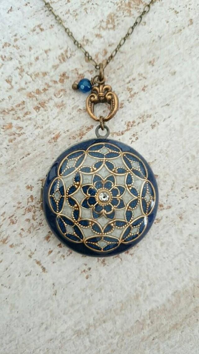 Vintage Ornate Locket filigree Locket,Wedding Necklace, Round Blue & Pearl White Color