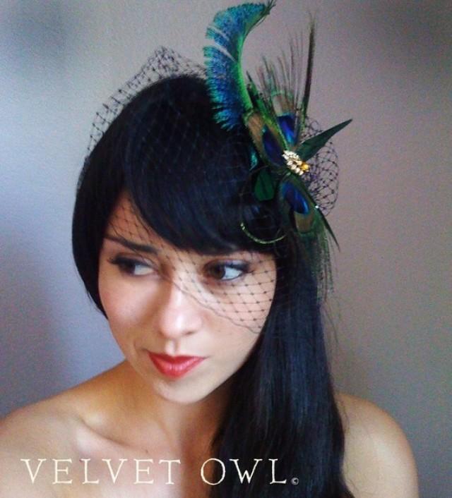 Bridal Peacock Comb Or Clip Fascinator With White Ivory Or Black French Russian Netting