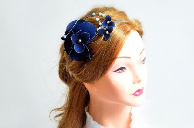 Navy Blue/Ivory Flower side tiara Headband Fascinator Handmade Bridesmaid Prom 