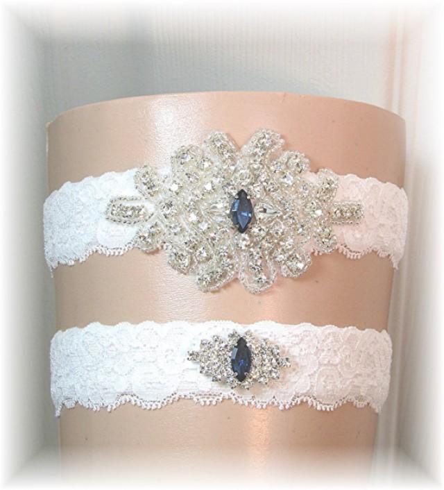 Bridal Garter Set, Wedding Garter Set, Stretch Lace Wedding Garters With Navy Blue Accent
