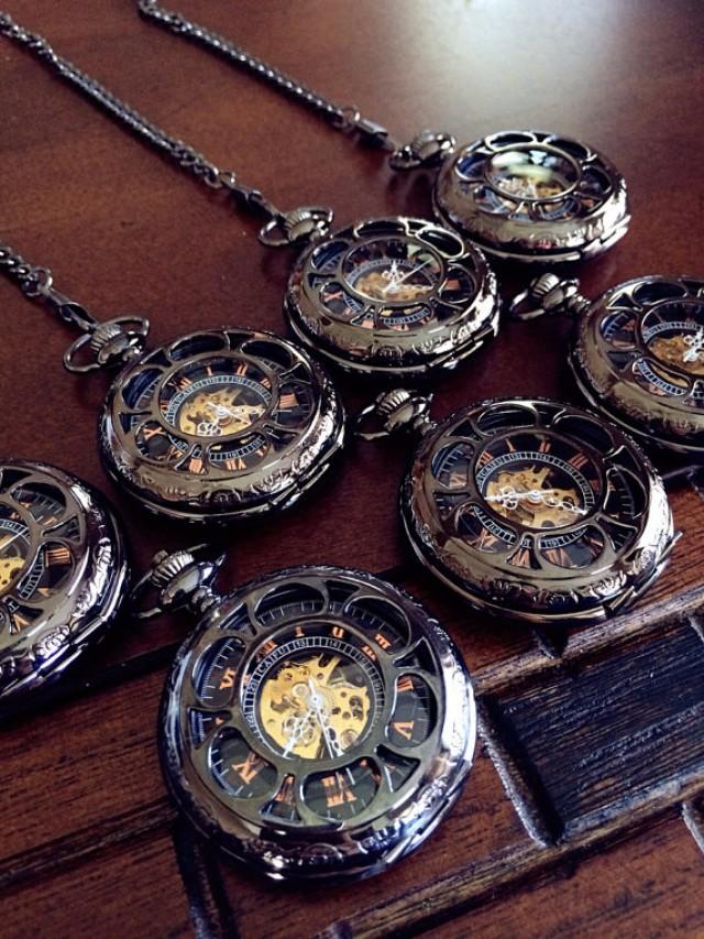 Set Of 7 Groomsmen Gift Pocket Watch In Gunmetal Black Finish