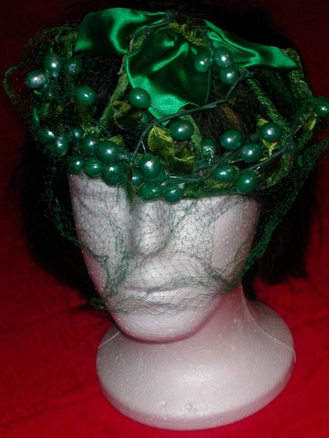 Vintage 50s Millinery Wire Frame Green Satin Fruit Berry Covered