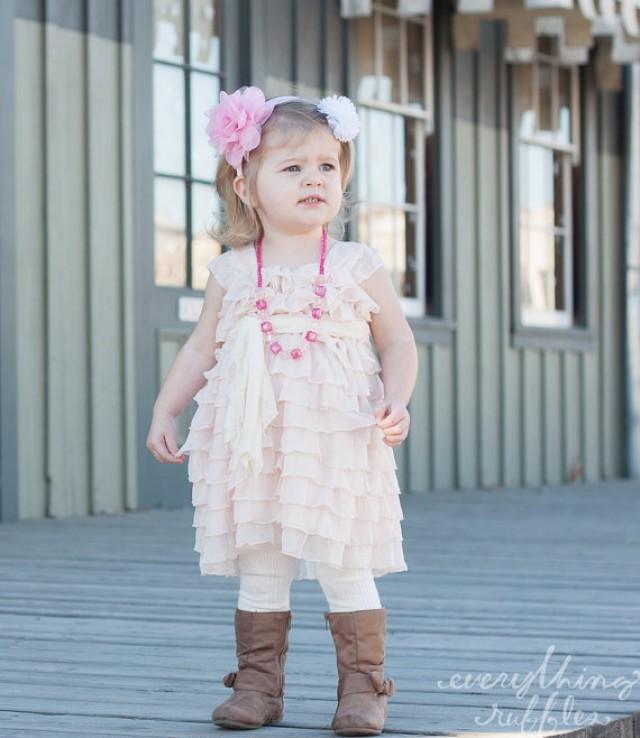Blush Pink Flower Girls Dress With Ivory Sash, Wide Straps/Cap Sleeves