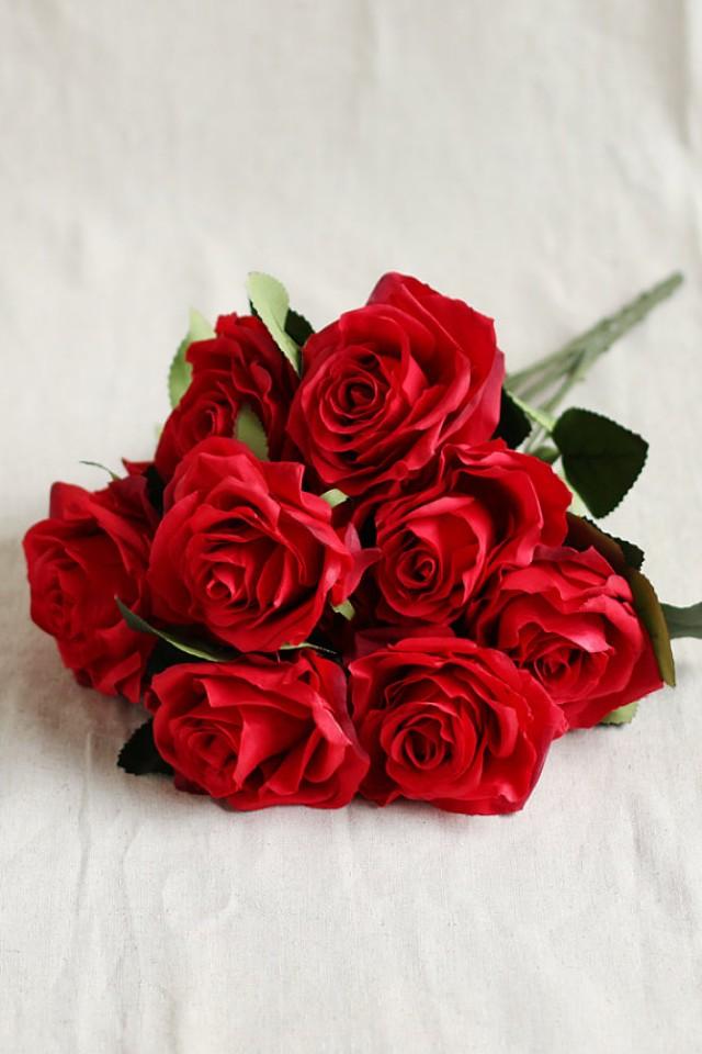 10pcs Red Artificial Rose Flowers Silk Rose Real Touch Rose