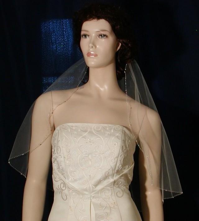 Crystal Beaded Edge Light Ivory 25" Long Bridal Veil Swarovski Crystals Shining Rocaille Beads