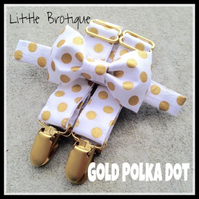 Gold Polka Dot Bow Tie And Suspender Set. Baby And Toddler Bow Tie And