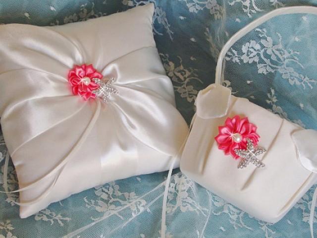 Beach Wedding Ring Pillow Set Coral Flower Girl Basket Set